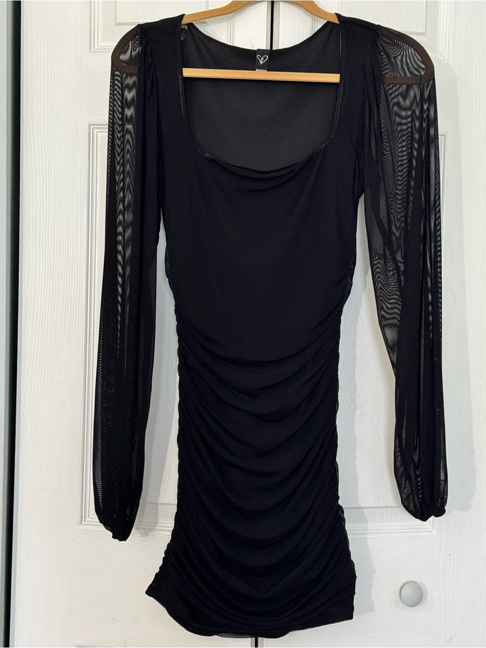 Windsor Black Ruched Mesh Long Sleeve Bodycon Mini Dress - M